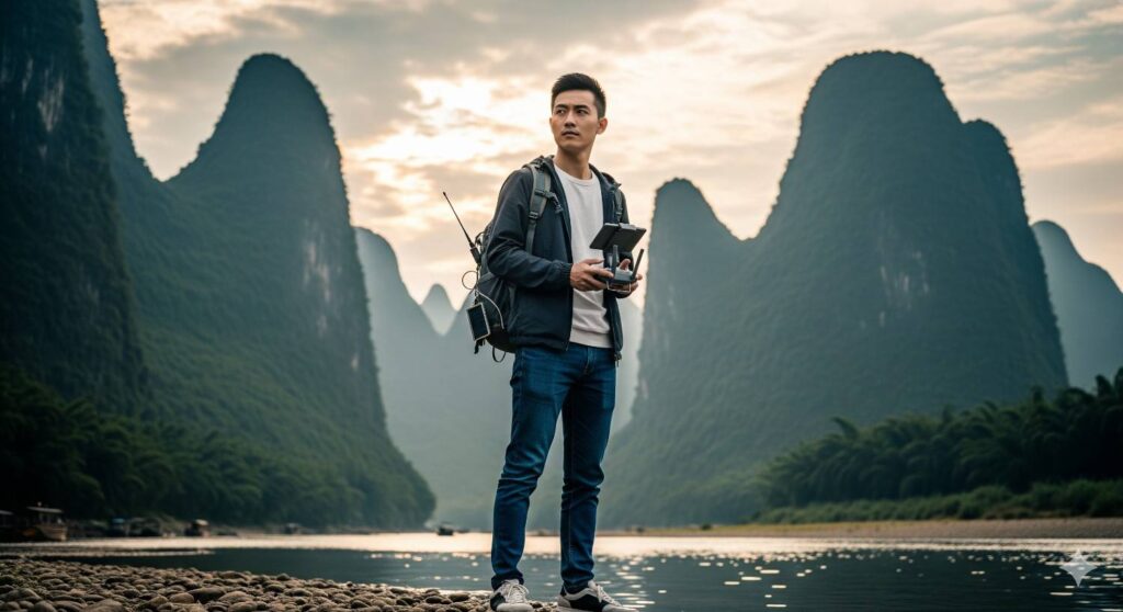 A handsome young Chinese man in casual jeans and T-shirt holds a drone controller by the Li River in Guilin, with karst mountains rising behind him, showing curiosity and love with nature through modern exploration