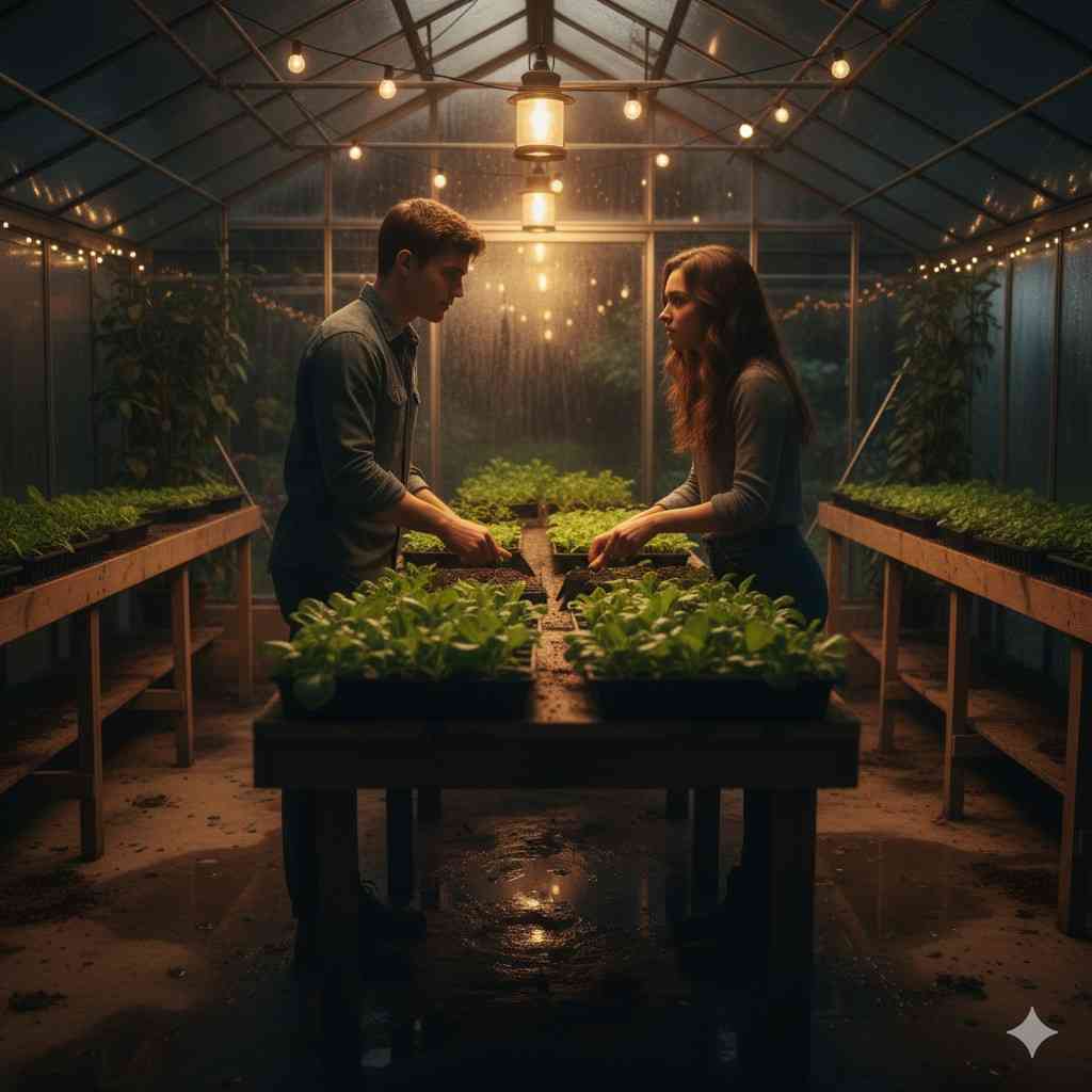 Young man and woman in a greenhouse at night, hands brushing over seedlings, symbolizing the tension and growing attraction in an enemies to lovers story