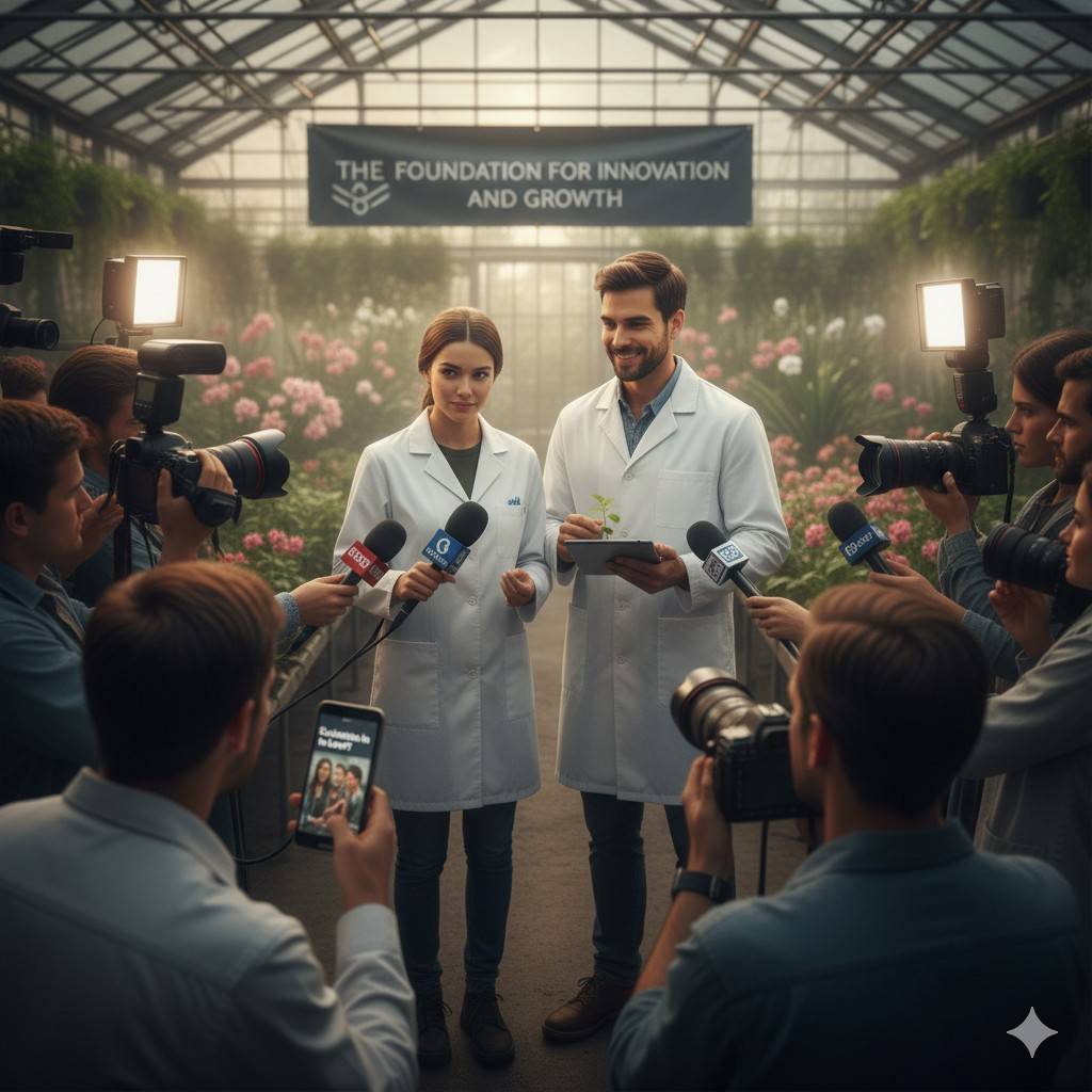 Two scientists in white lab coats stand together at a press conference in "The Foundation for Innovation and Growth" greenhouse, surrounded by reporters with cameras and microphones. Their united front before the media suggests the culmination of an enemies-to-lovers arc - former research rivals who once competed for funding and recognition now presenting their joint breakthrough discovery as partners, their shared smiles and comfortable proximity revealing how professional animosity has blossomed into both collaborative success and romantic connection.