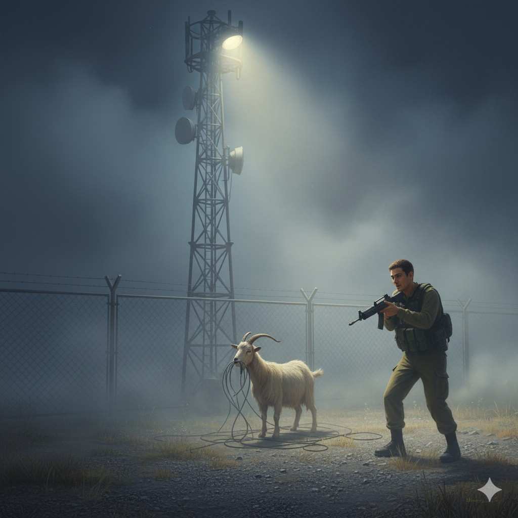 Eternal Love- Cinematic 16:9 scene showing a border guard outpost at night under dim floodlights. Roei and Mapal rush toward a faint movement near the fence, rifles raised, hearts pounding. Emerging from the mist is a lone goat chewing on a signal wire, oblivious to the soldiers’ tension. The fog swirls around them, illuminated by the soft yellow light, creating a serene yet humorous moment. Mood: restrained humor, subtle human connection, slow-burn affection developing in shared experiences. Style: realistic, cinematic lighting, soft mist, muted tones, gentle focus on soldiers’ expressions.