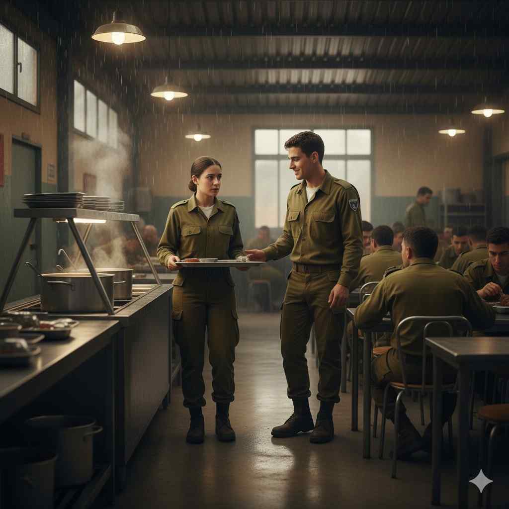 Eternal Love- Interior of an Israeli army mess hall, early evening, rain pattering against a tin roof. Soldiers sit at metal tables, trays clattering, laughter in the background. In the foreground, a young female soldier (Mapal) hesitates near the food counter, tray in hand, slightly unsure. A young male soldier (Roei) approaches, smiling gently, offering a seat. Steam rises from bowls of soup. Mood: quiet warmth, restrained emotion, human connection in mundane army life. Style: realistic, cinematic, soft warm lighting, subtle reflections on metal surfaces, shallow depth of field focusing on Roei and Mapal.