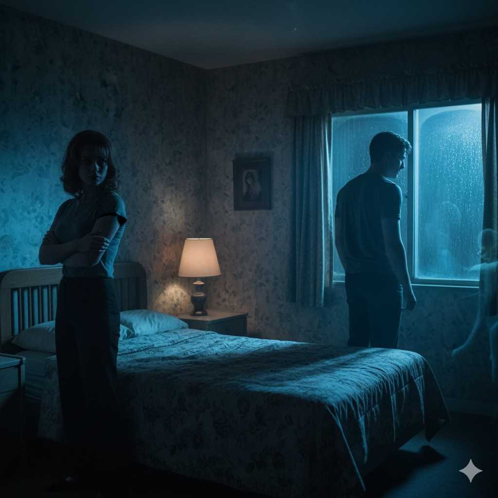 Tense enemies to lovers couple standing apart in dimly lit vintage motel room with ghostly presence, woman with crossed arms and man by rain-streaked window showing emotional distance