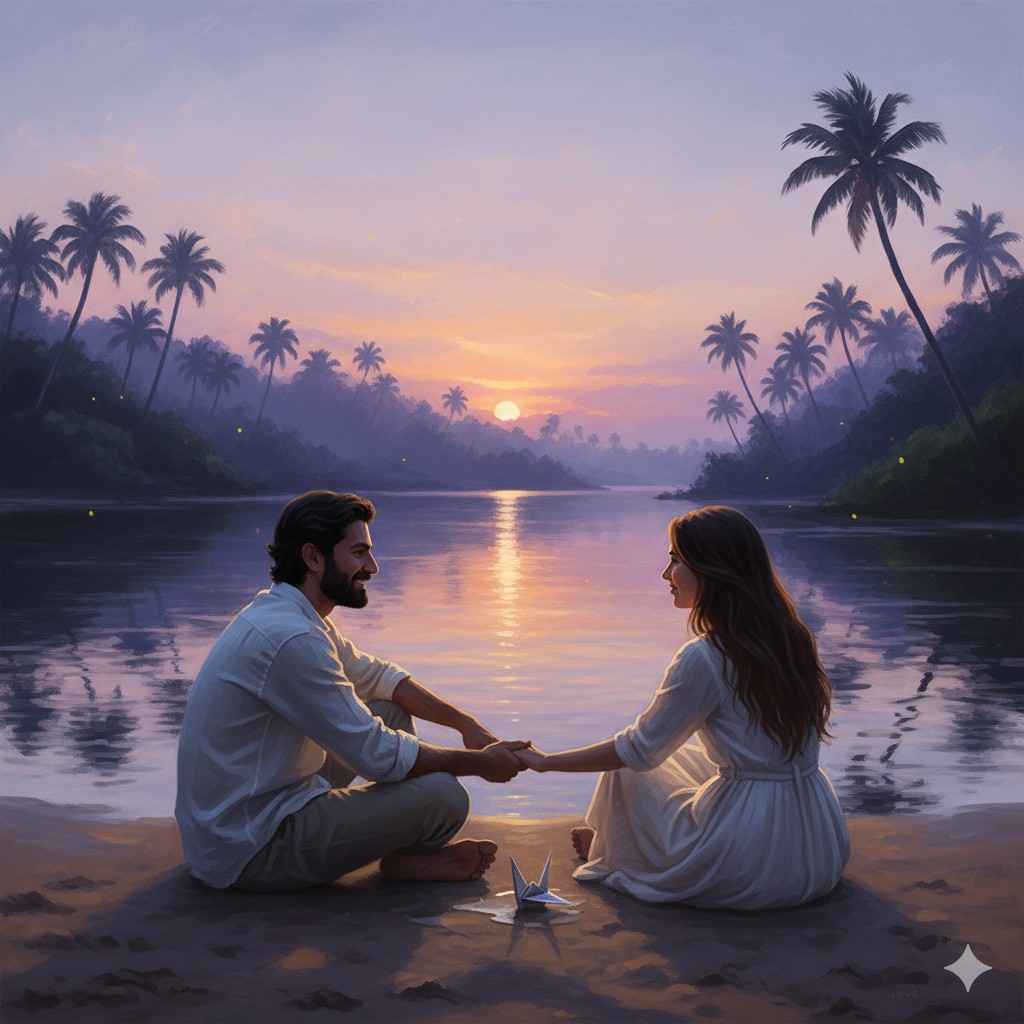 A painterly, dreamlike photograph of Roei and Mapal sitting barefoot and holding hands on the sand by the Kerala backwaters at sunset. They are wearing light, comfortable clothing. A folded paper crane rests in the sand between them, symbolizing their profound connection and eternal love. The sky is a blend of lilac, gold, and deep blue, with palm trees silhouetted against the water.