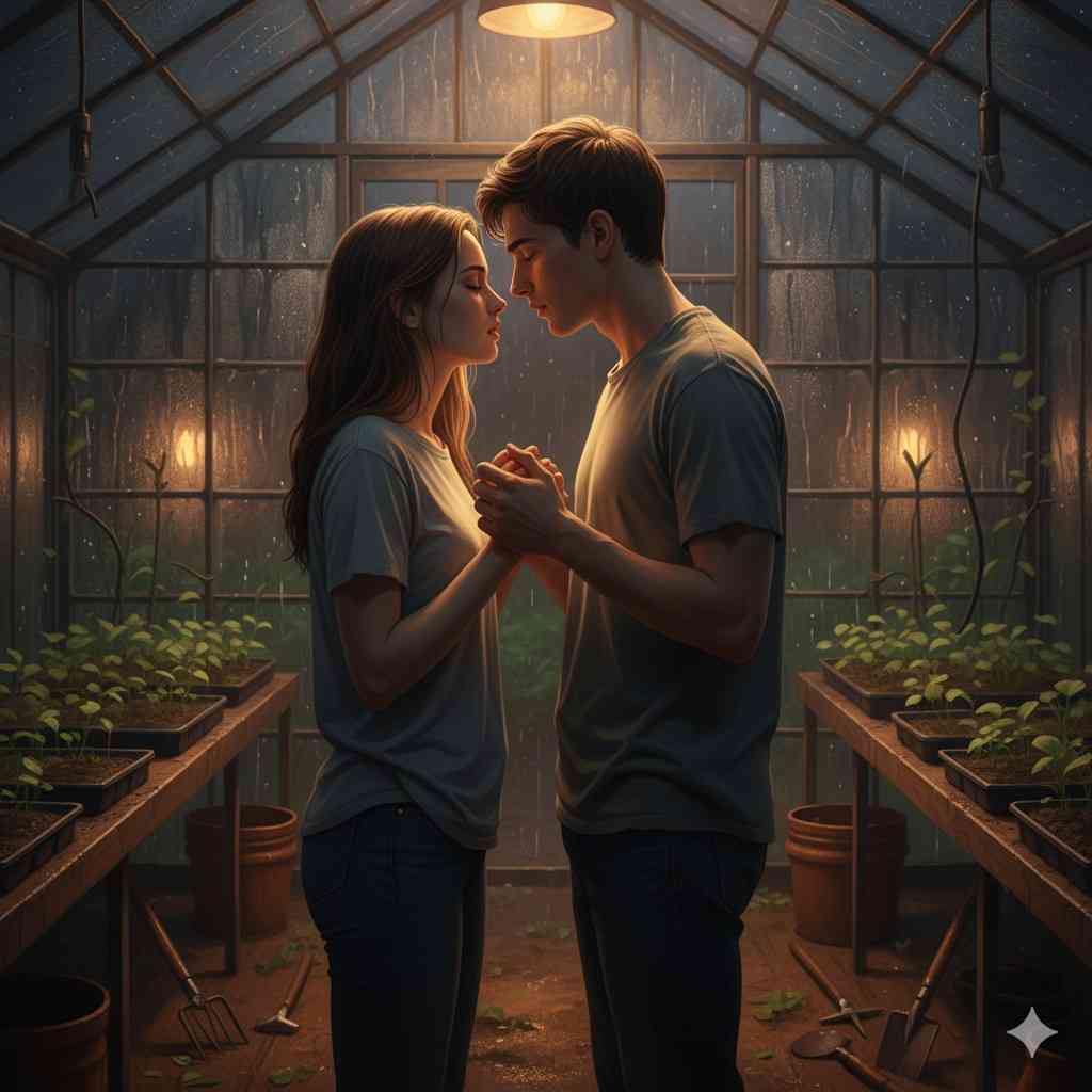 Cinematic greenhouse at night with rain-streaked glass, softly lit as a man and woman stand close in intimate silence. Their trembling hands and near-kiss confession reflect the tender climax of an enemies to lovers story.