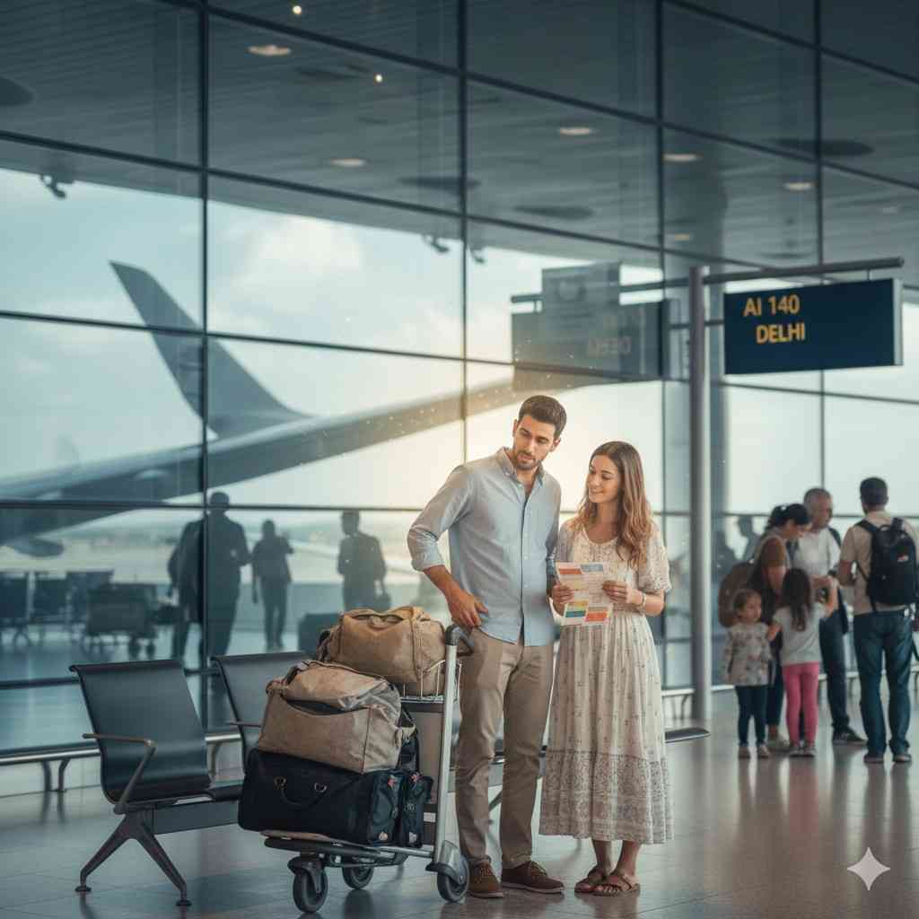 A cinematic photograph of Roei and Mapal standing by their luggage trolley inside the modern, glass-walled departure hall of Ben Gurion Airport, Tel Aviv for Tiyul Gadol. They are dressed in light travel attire. Mapal holds a map or itinerary, smiling at Roei. An airplane is visible through the window, and a sign reads "AI 140 DELHI." The scene captures the hopeful beginning of their journey and their eternal love.