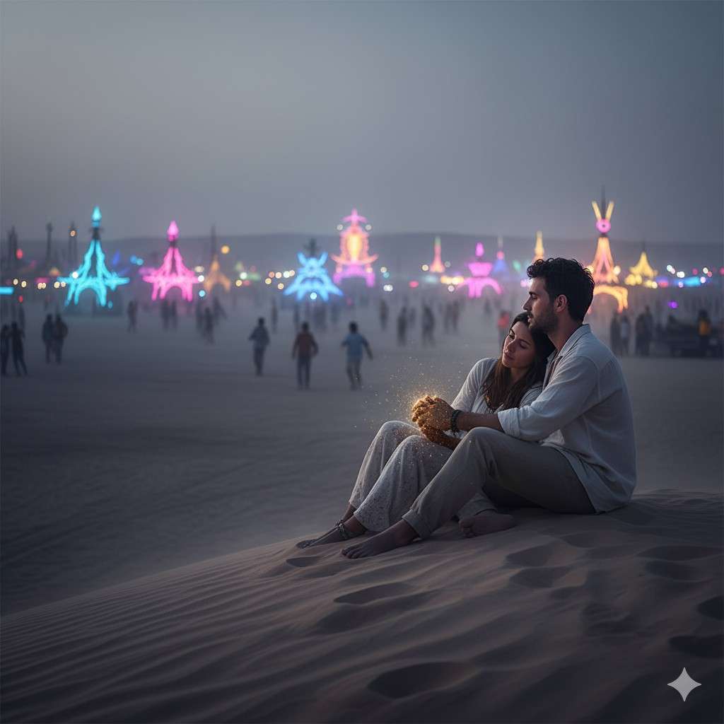 A highly atmospheric, cinematic image of Roei and Mapal sitting together on a desert dune at dawn. They are embracing, looking out over the fading neon glow of a desert music festival (Supernova). The sky is a soft gray-blue, and a subtle golden light or shimmer emanates from Mapal's hands, symbolizing their deep connection and eternal love.
