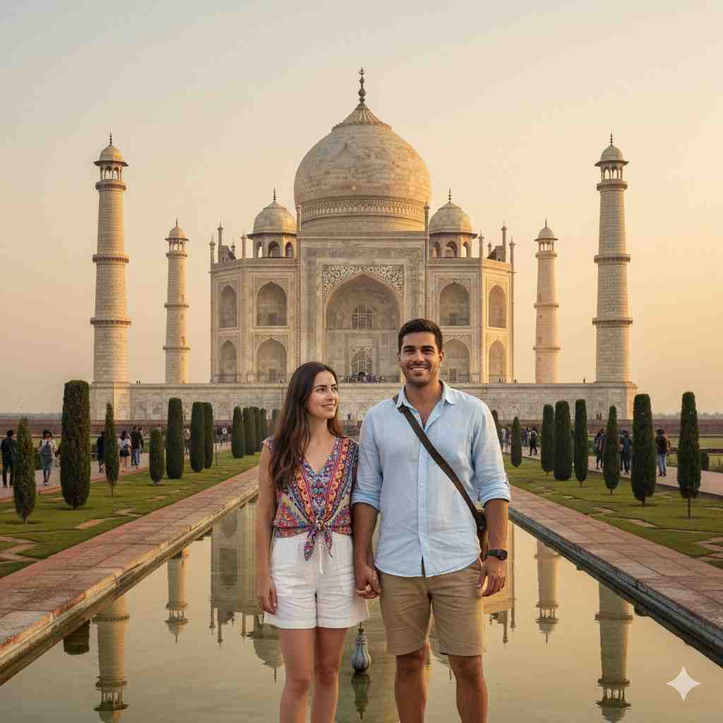 A cinematic, square-format photograph of a smiling young couple, Roei and Mapal, holding hands and standing in front of the Taj Mahal at sunset. They are dressed in casual tourist attire (shorts and light shirts). The clear reflection pool and cypress trees lead the eye towards the iconic marble mausoleum, symbolizing their eternal love.