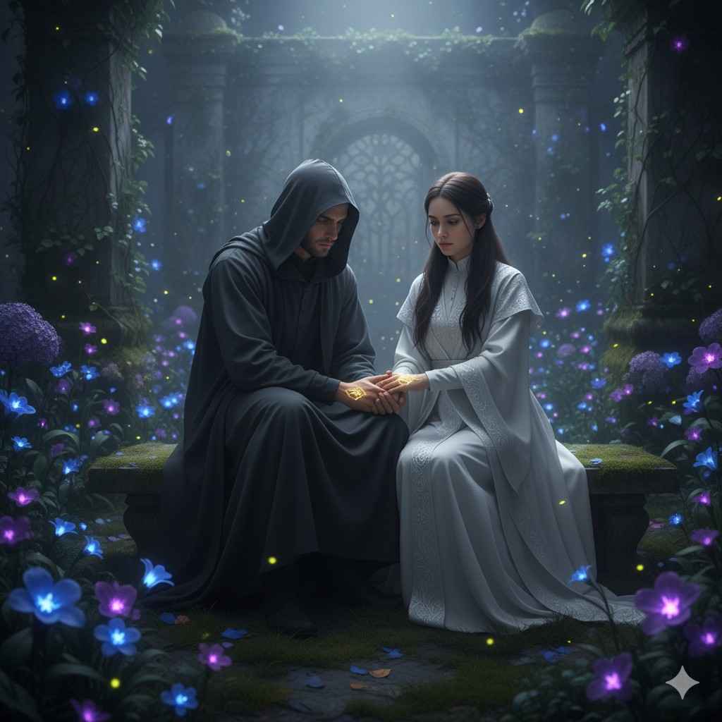 Fated soulmates in war secret garden meeting, enemies to lovers spy and priestess with glowing wrist marks in moonlit temple garden showcasing forbidden slowburn romance