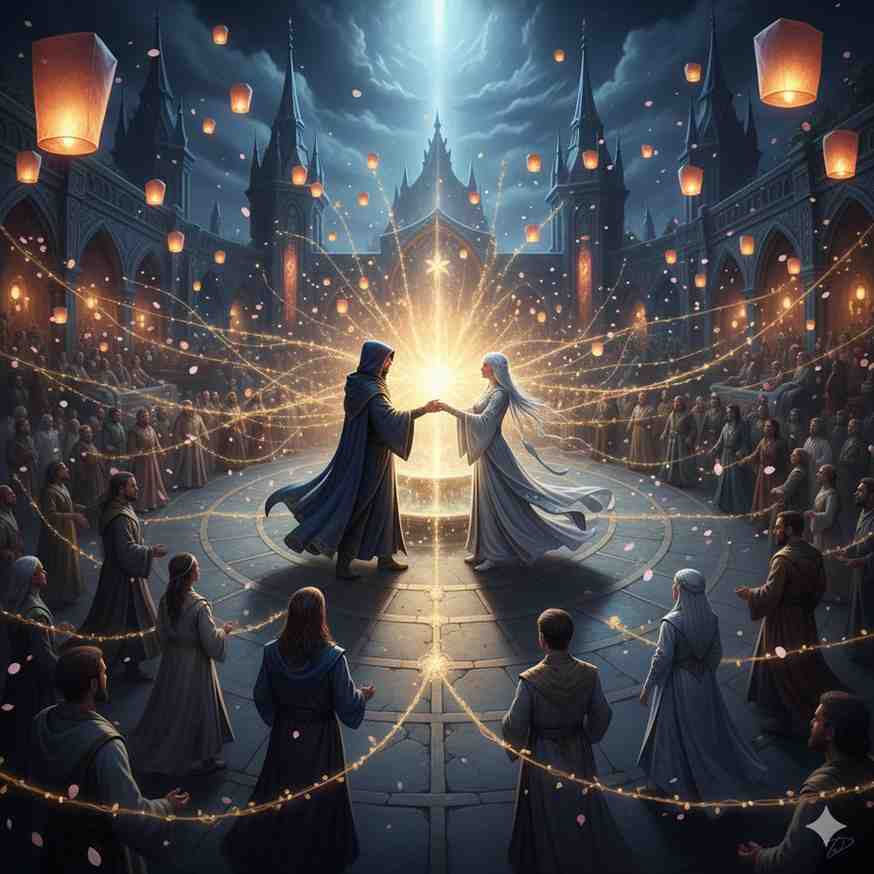 spy and priestess in mystical temple courtyard Fated soulmates in war moment of connection during Festival of Threads, glowing soul-marks synchronizing between spy and priestess in mystical temple courtyard with magical golden light threads