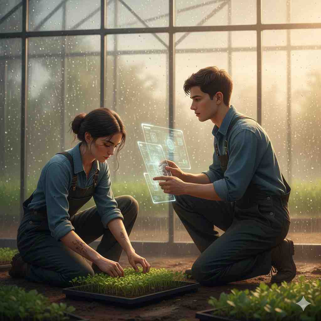 Realistic storm-lit greenhouse interior at night, glowing with red alarms as a man and woman work side by side in urgent tension. Their hands brush over a cable, charged with conflict and attraction, capturing the intensity of enemies to lovers romance.