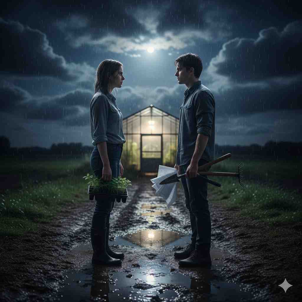 Photorealistic cinematic scene of a greenhouse at dawn after rainfall, where a man and woman nearly touch hands over fragile seedlings. Their gaze reveals rivalry and longing, symbolizing the enemies to lovers theme in a fragile moment of peace.