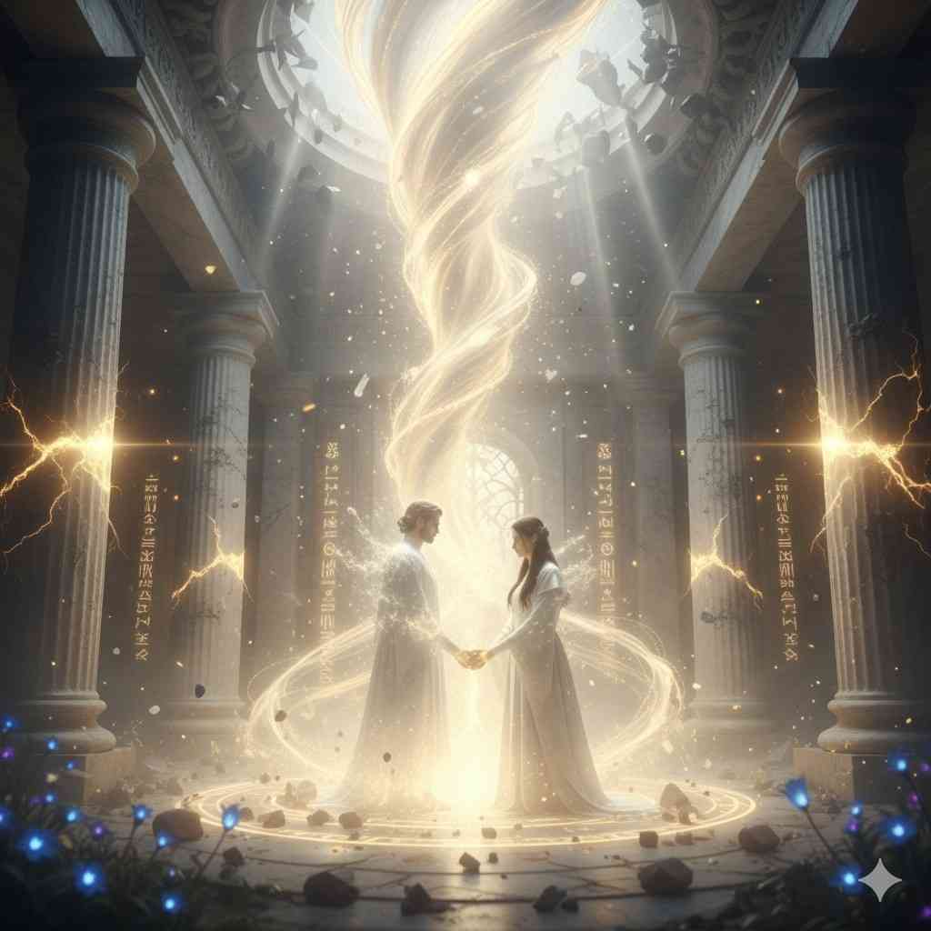 "Fated soulmates in war epic battle scene with iron airships attacking magical temple, spy watching siege as soul-mark glows representing conflict between duty and love"