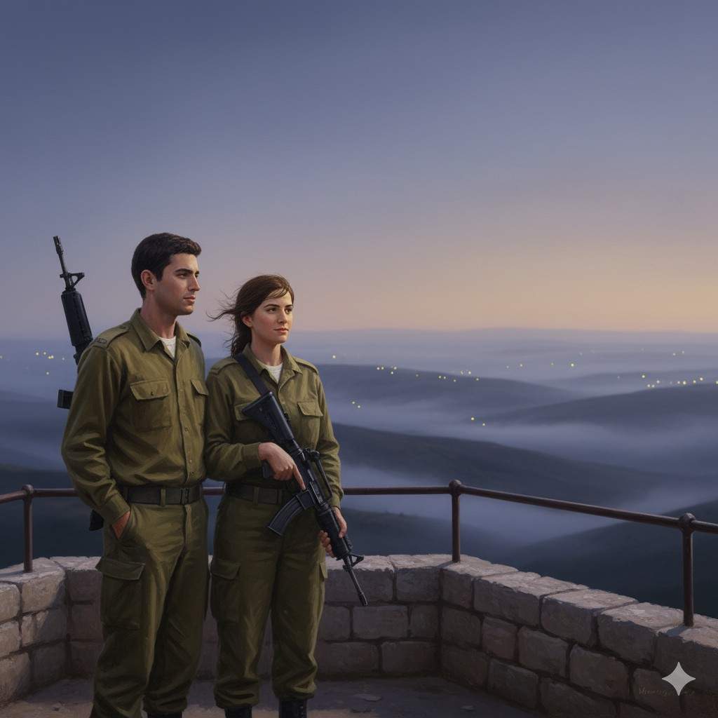 Eternal Love-Cinematic 16:9 view of a lonely Golan Heights border outpost at twilight. Two soldiers (Roei and Mapal) stand at a watchtower, rifles slung, scanning the misty hills. The cold wind moves their uniforms subtly, and faint golden light from the setting sun glints on the distant mountains. Radio chatter is barely visible as tiny glowing dots on the horizon. Mood: quiet tension, restrained emotion, slow-burn connection, soft shadows highlighting faces. Style: realistic, cinematic, muted earthy tones, mist curling around the hills, poetic realism.