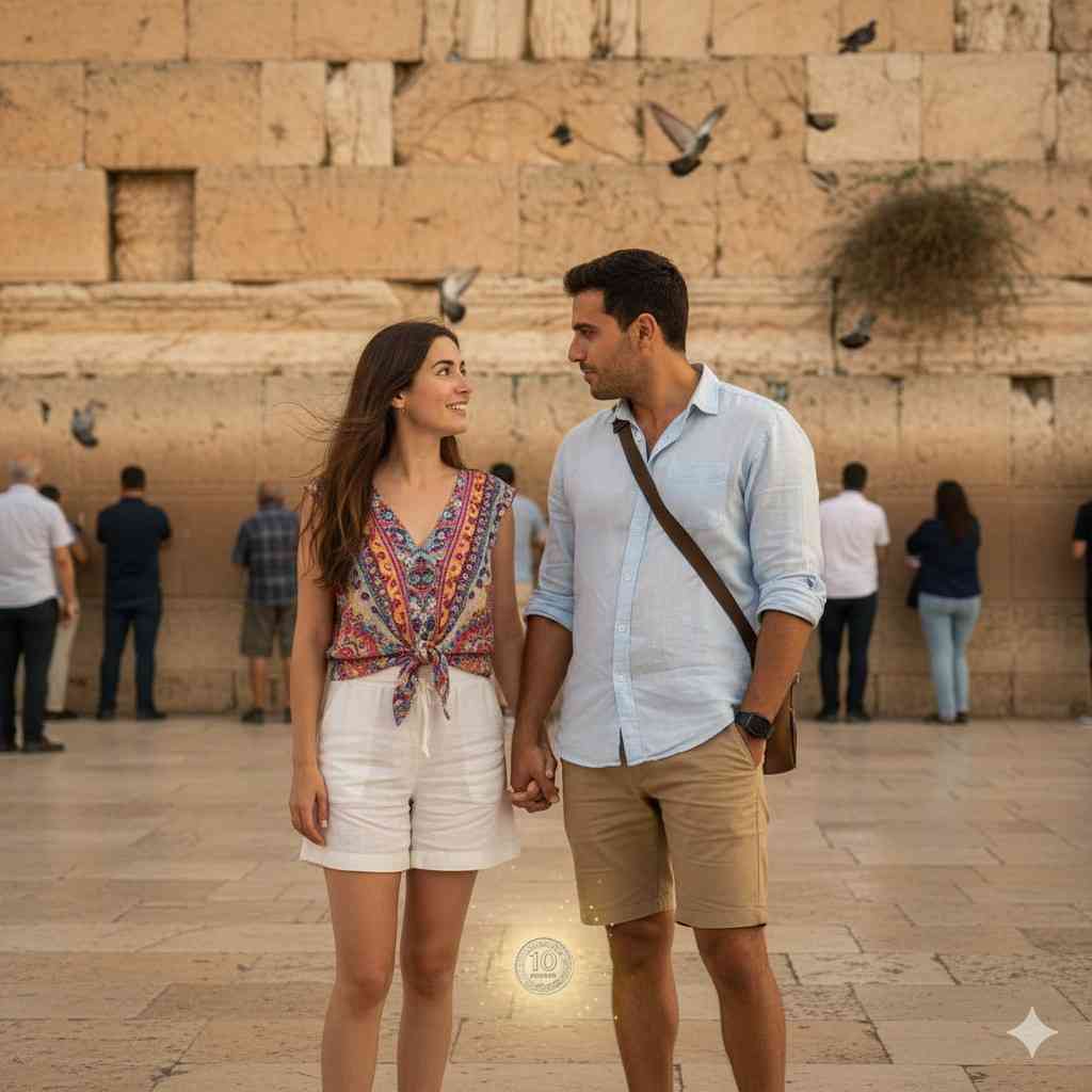 A square, cinematic photograph of a smiling young couple, Roei and Mapal, holding hands and looking into each other's eyes in front of the Western Wall in Jerusalem. They are dressed casually as tourists in shorts and light tops. A faint, glowing silver coin is visible on the ground between them, symbolizing a pivotal moment of fate and eternal love.