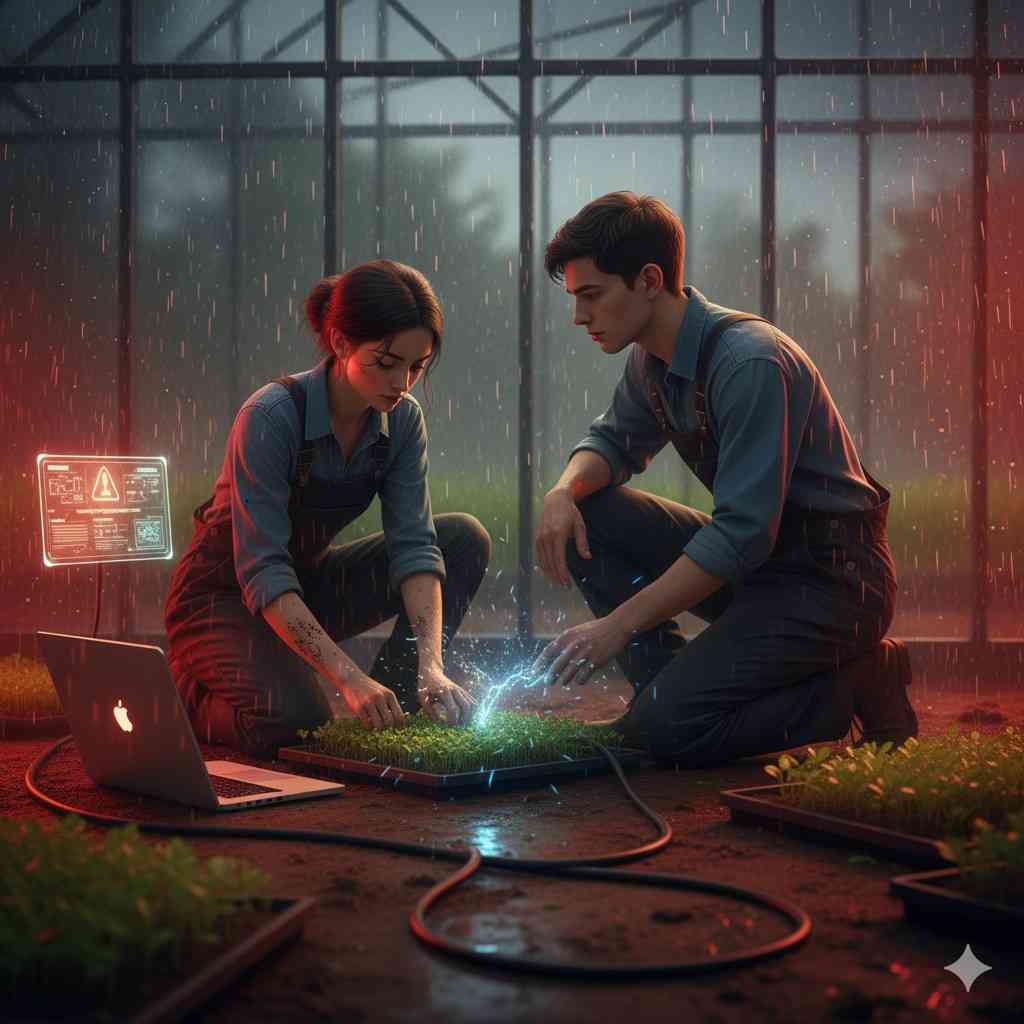 Cinematic photorealistic 16:9 painting of a glowing greenhouse under stormy rain, where a man and woman nearly touch hands among seedlings. Their tense, vulnerable expressions reflect rivalry, longing, and intimacy, symbolizing the enemies to lovers journey of struggle, closeness, and eternal love