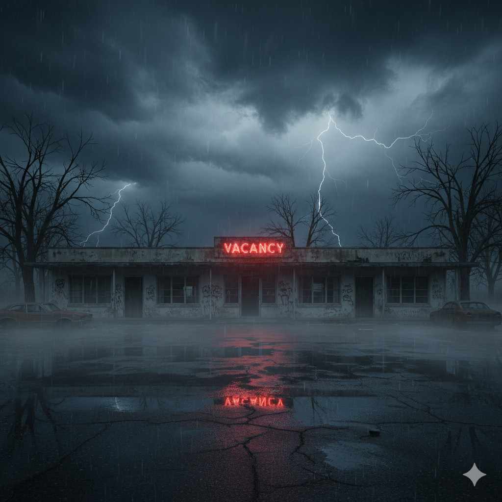 The Haunted Motel Exterior Abandoned vintage motel with flickering red neon VACANCY sign during thunderstorm at night, setting the atmospheric scene for an enemies to lovers haunted romance story