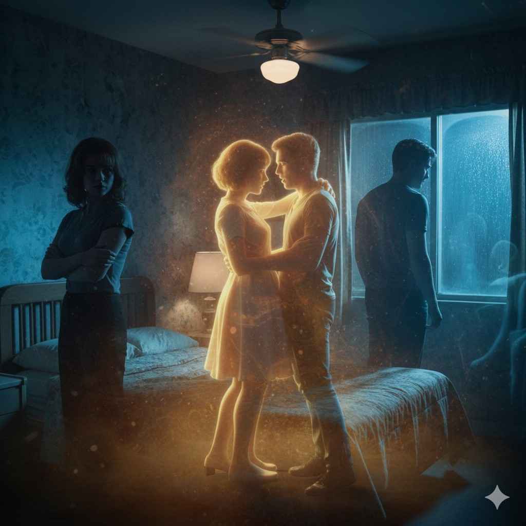 Supernatural double exposure showing enemies to lovers couple confronting ethereal ghost versions of their past selves in haunted motel room with glowing paranormal effects and spinning ceiling fan