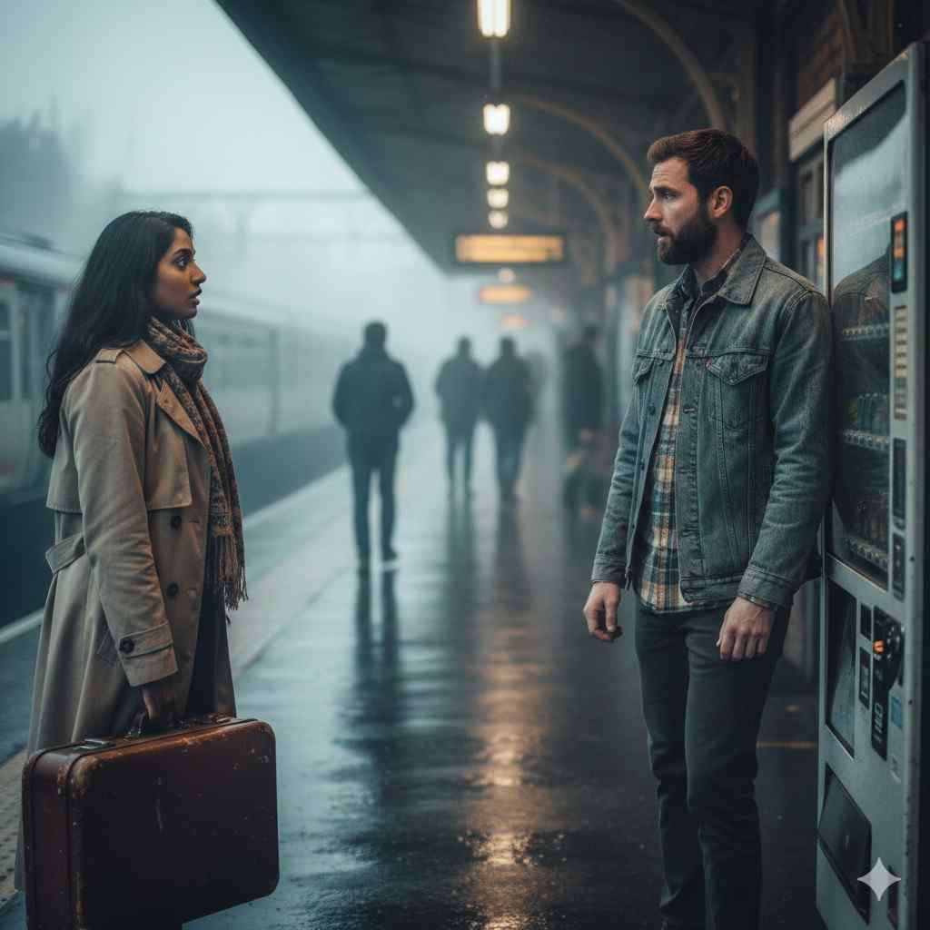 Maya and Liam having an emotional confrontation on a station footbridge at dusk, highlighting vulnerability, miscommunication, and the fragile hope of rebuilding eternal love.