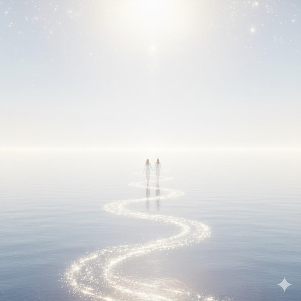 Here is "Two Souls Becoming Light," a symbolic wide shot capturing the serene and cosmic culmination of eternal love, as the figures dissolve into a radiant mist