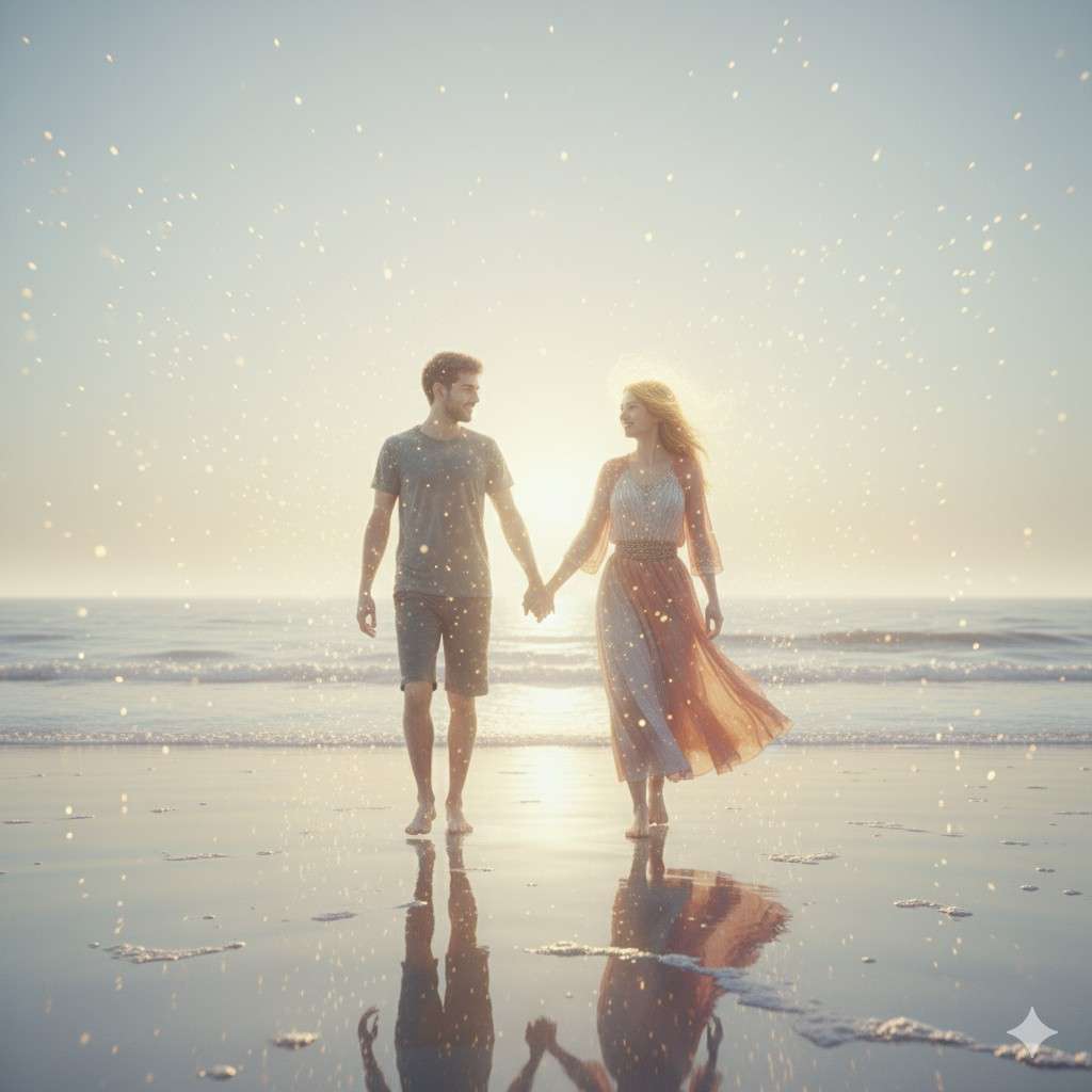 Here is "The Shore Beyond Time," a luminous dreamscape depicting Roei and Mapal walking hand in hand along a radiant, endless shore, embodying the transcendent reunion of souls