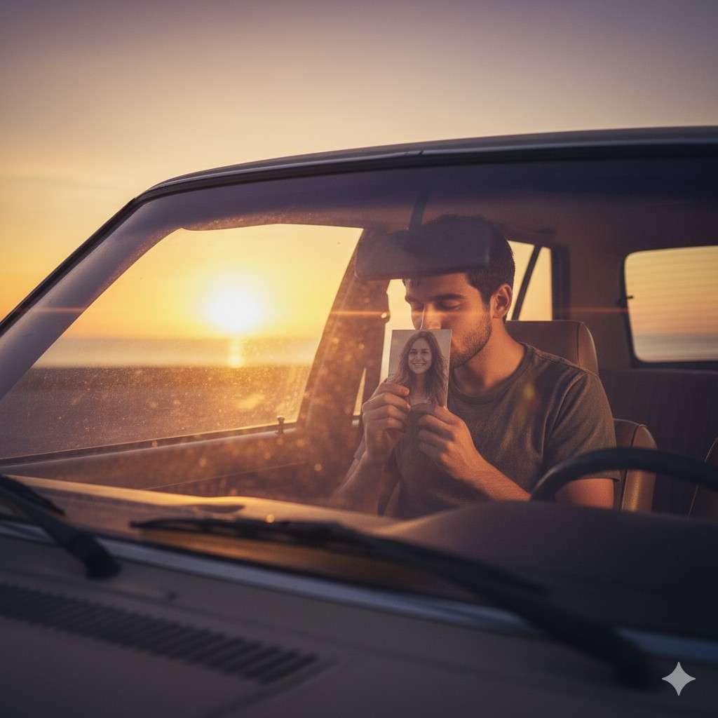 Here is "The Surrender to Eternal Love," depicting the tender, transcendent moment of peace and remembrance within the car, as man and cosmos seem to merge