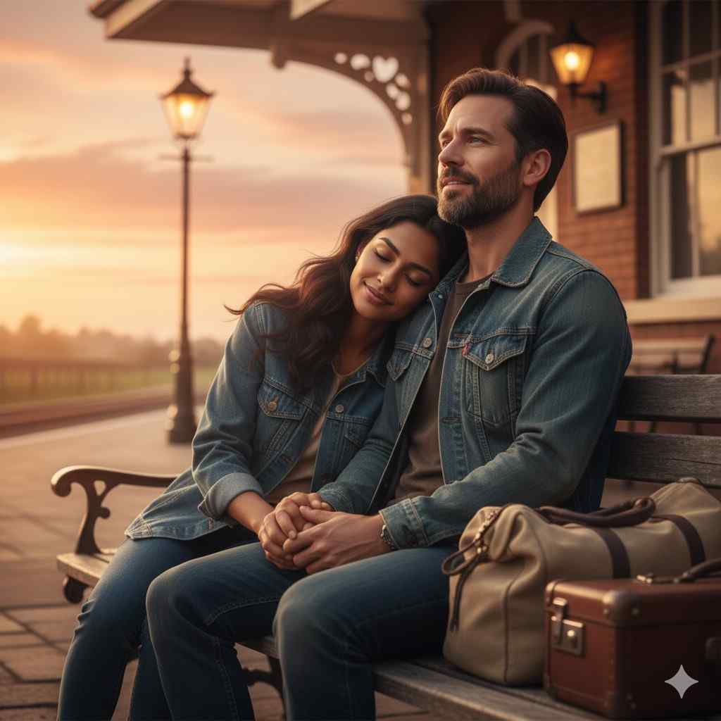 Where Hope Begins Again Maya and Liam sitting together at sunset outside a railway station, holding hands in a tender moment that symbolizes healing, reconciliation, and a hopeful step toward eternal love.