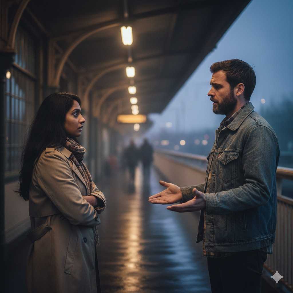 Maya and Liam having an emotional confrontation on a station footbridge at dusk, highlighting vulnerability, miscommunication, and the fragile hope of rebuilding eternal love.