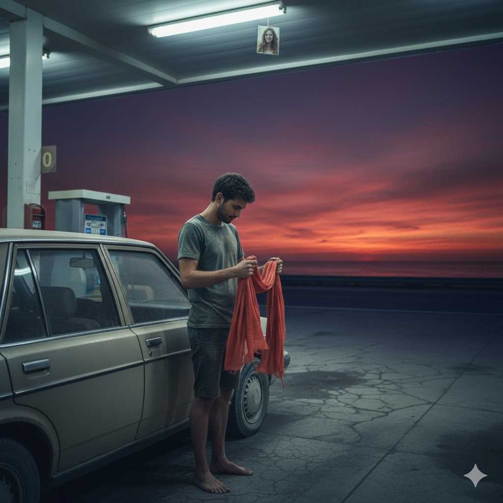 Here is "The Ritual at the Gas Station," capturing the quiet, meditative act of remembrance under the fading light.
