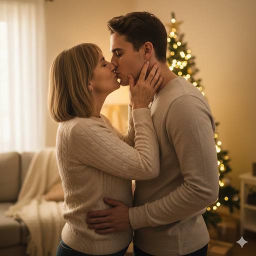 slow burn Christmas love story couple sharing a gentle kiss beside a decorated Christmas tree