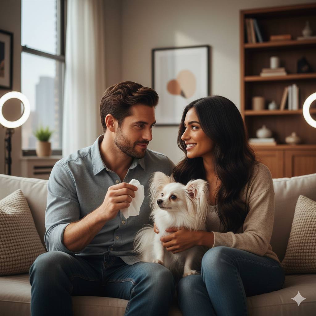Jeffrey and Keysha sitting on a beige couch in a cozy New York apartment, Jeffrey holding a tissue while their Papillon dog sits between them, looking up with curiosity in soft window light.