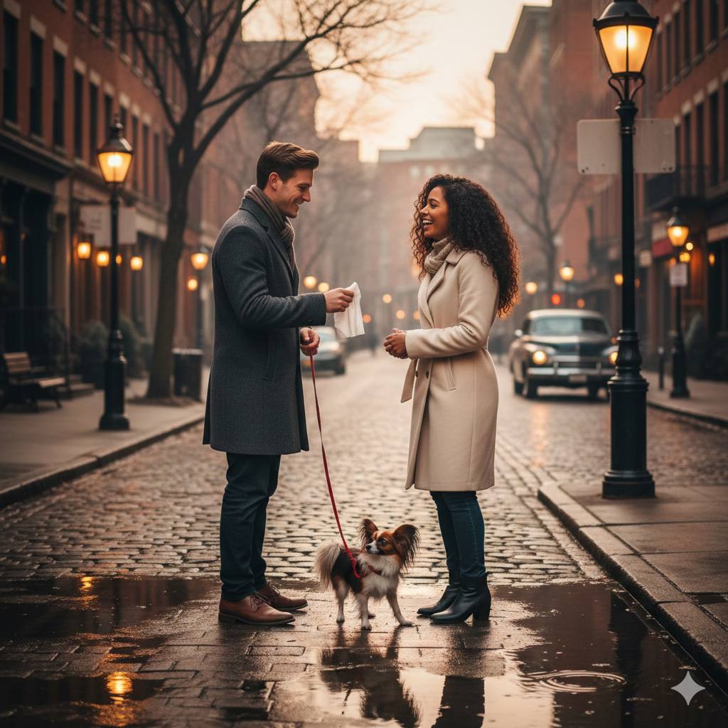 Jeffrey offering a tissue to Keysha on a quiet winter street corner at golden hour, their Papillon dog tugging its leash playfully at their feet—capturing a warm slow-burn moment of eternal love.