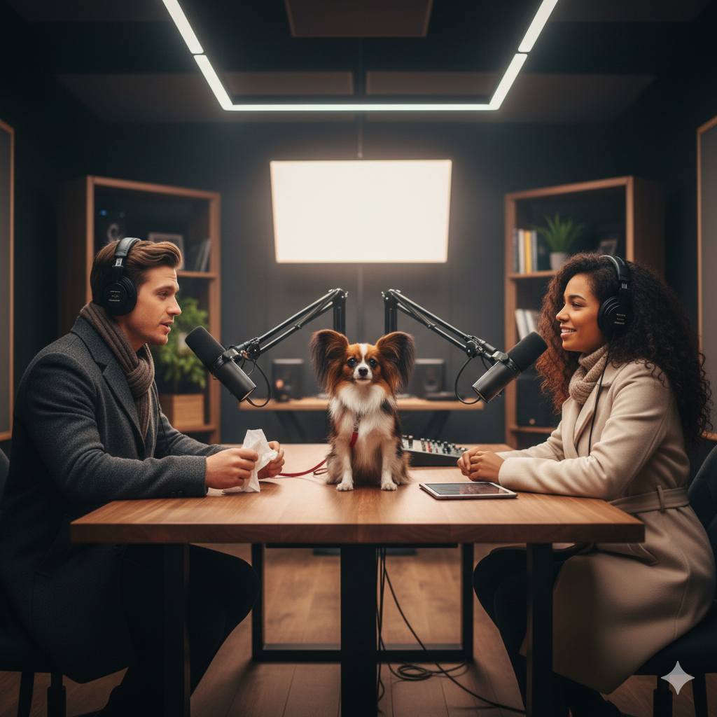 Jeffrey and Keysha recording a podcast in a modern studio, sitting across a wooden table with microphones and headphones, Jeffrey holding a tissue, and their Papillon dog resting between them—capturing a warm slow-burn moment of eternal love.