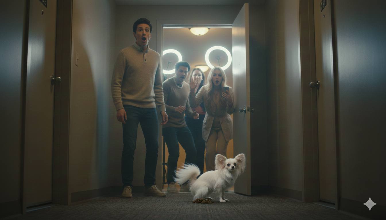 Side-angle cinematic scene in a dim New York apartment corridor at night, showing Tissue the milk-white Papillon dog in a poop posture near Keysha’s doorway, Jeffrey frozen in shock behind him, and Keysha with her friends reacting dramatically—capturing a slow-burn moment in an unexpected journey of eternal love.
