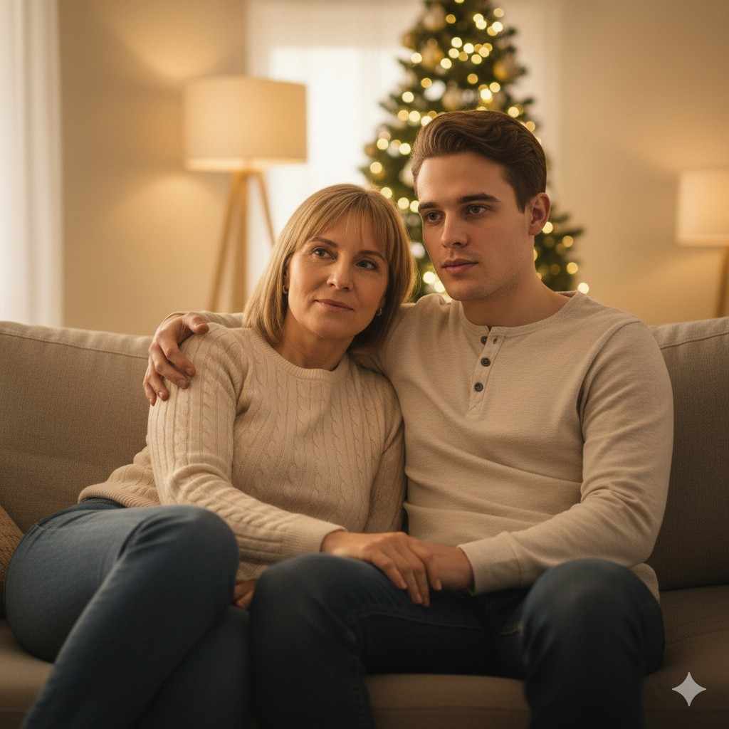 slow burn Christmas romance couple sitting close together on a sofa with a glowing Christmas tree