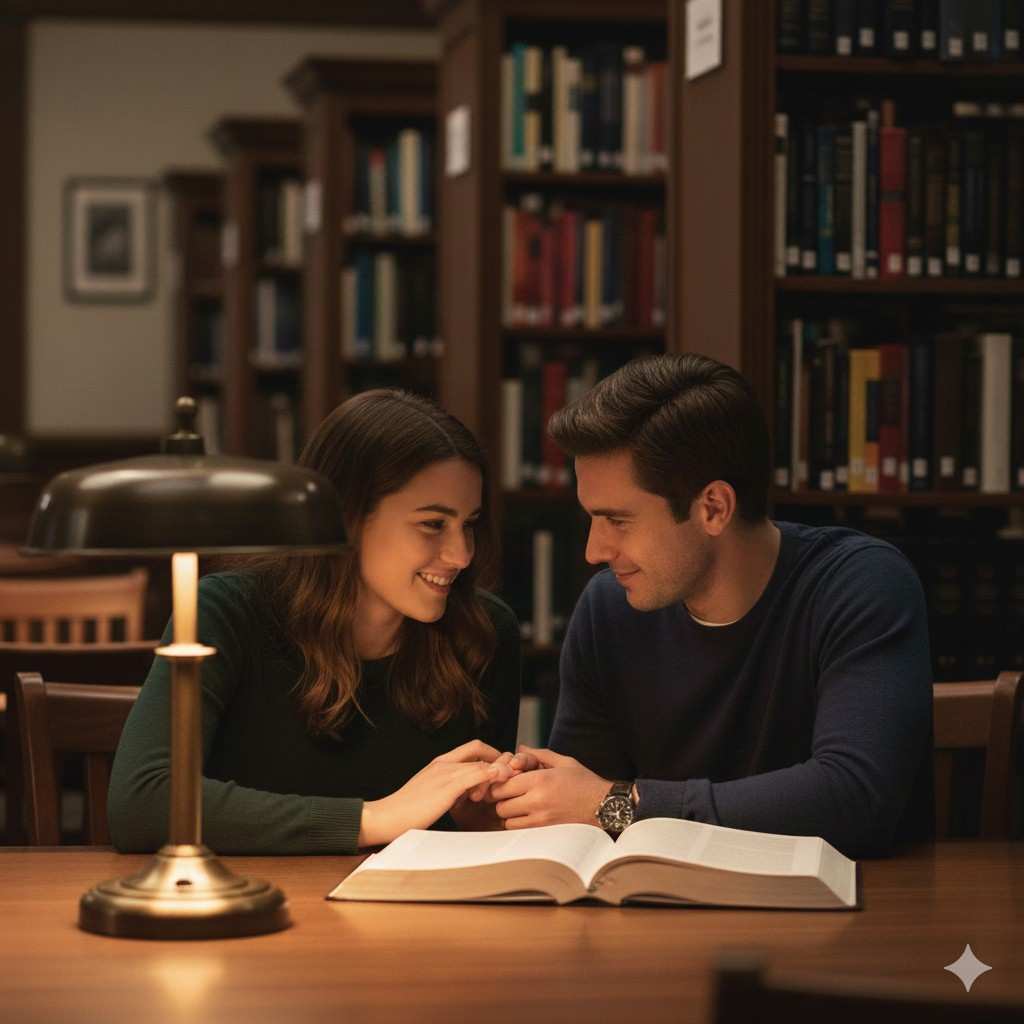 Enemies to lovers slow burn romance as Mattie and Rowan share a quiet, intimate moment together in a college library