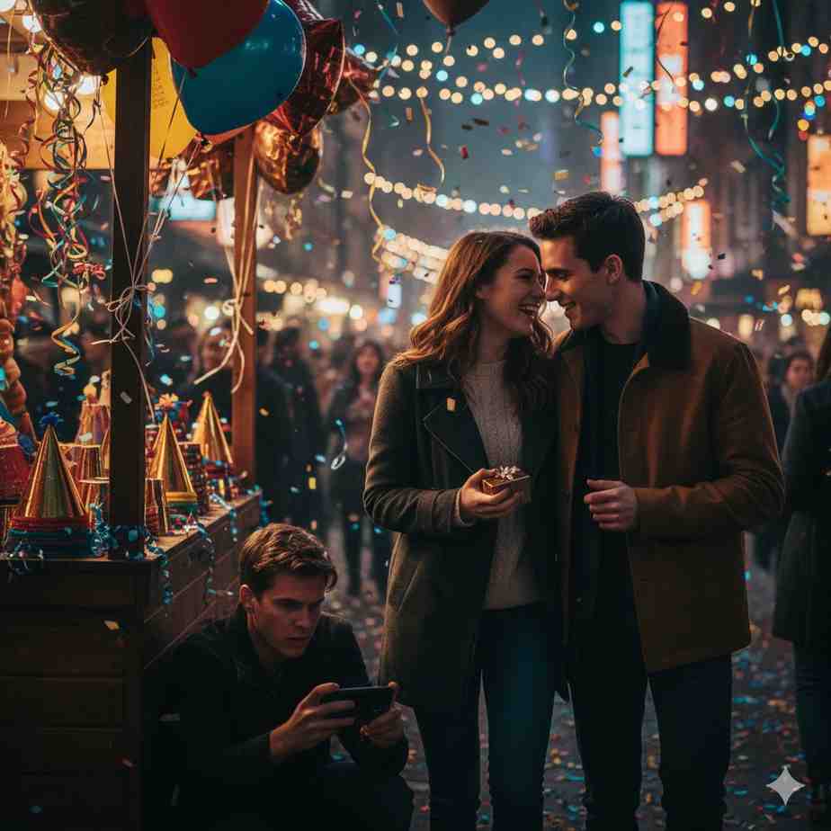 Enemies to lovers slow burn romance as Mattie and Rowan walk together during a New Year street celebration while a jealous rival secretly records them