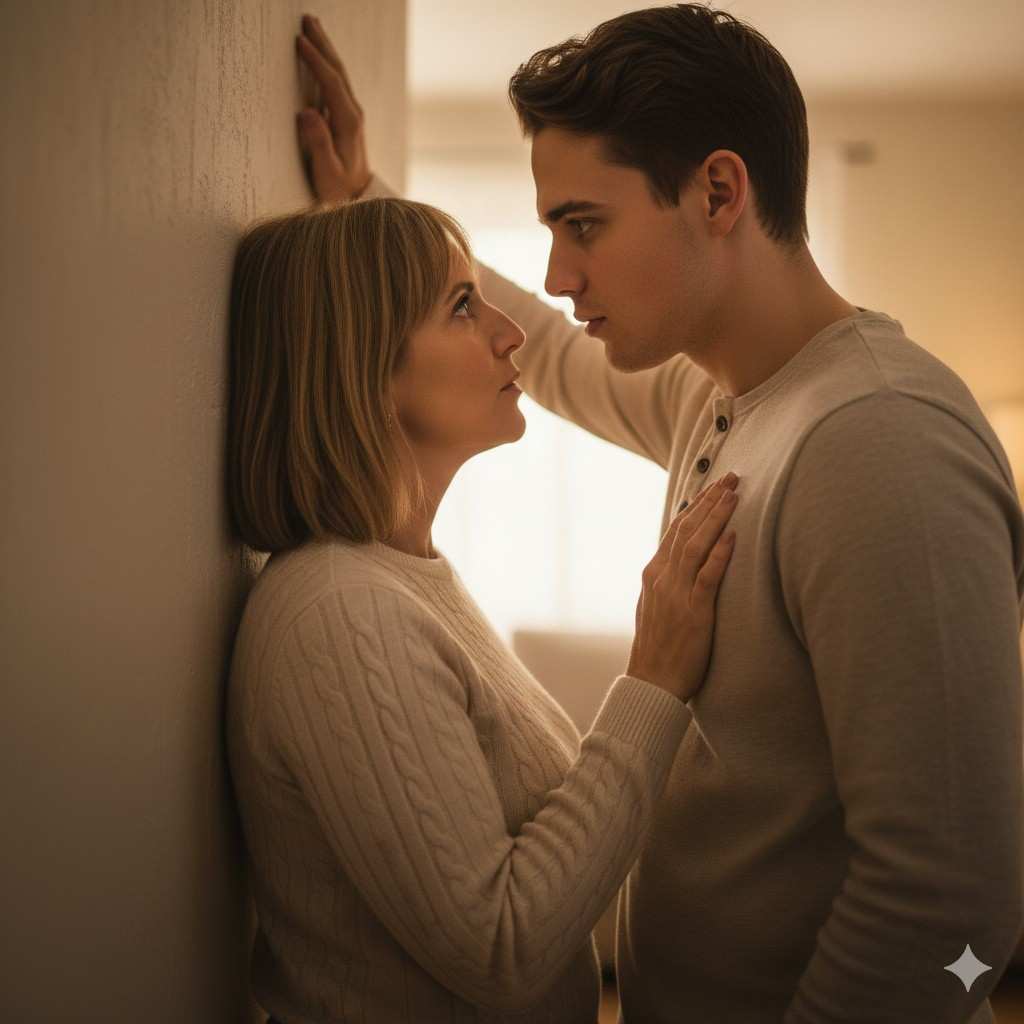 slow burn Christmas romance couple standing close with intense eye contact in warm indoor light