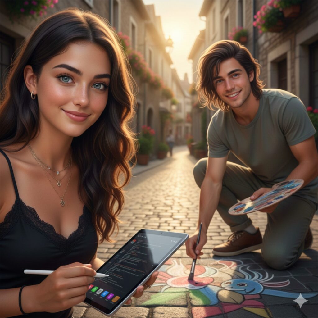 A young woman holding a digital tablet and stylus sits beside a man painting on a cobblestone street, symbolizing a slow burn romance where data-driven logic meets human emotion and creativity.