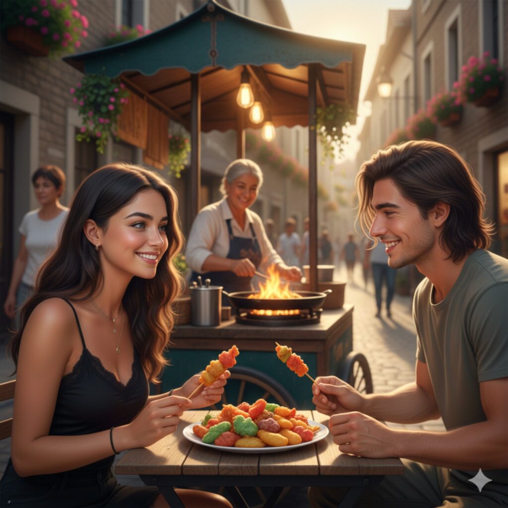 Kari and Rory share a quiet romantic moment on a sunlit street, showing the transition from enemies to lovers in a slow burn romance