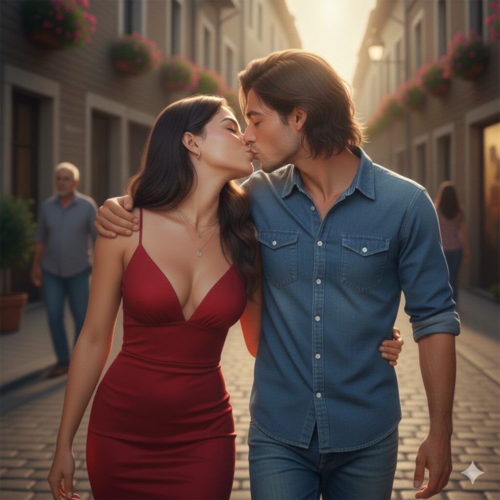 A couple sharing a quiet kiss while walking together, symbolizing slow burn romance and the emotional impact of eternal love.