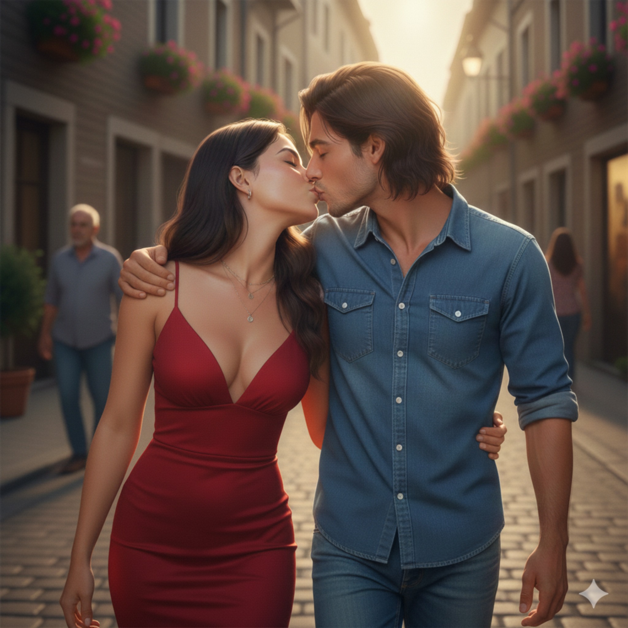 A couple sharing a quiet kiss while walking together, symbolizing slow burn romance and the emotional impact of eternal love.