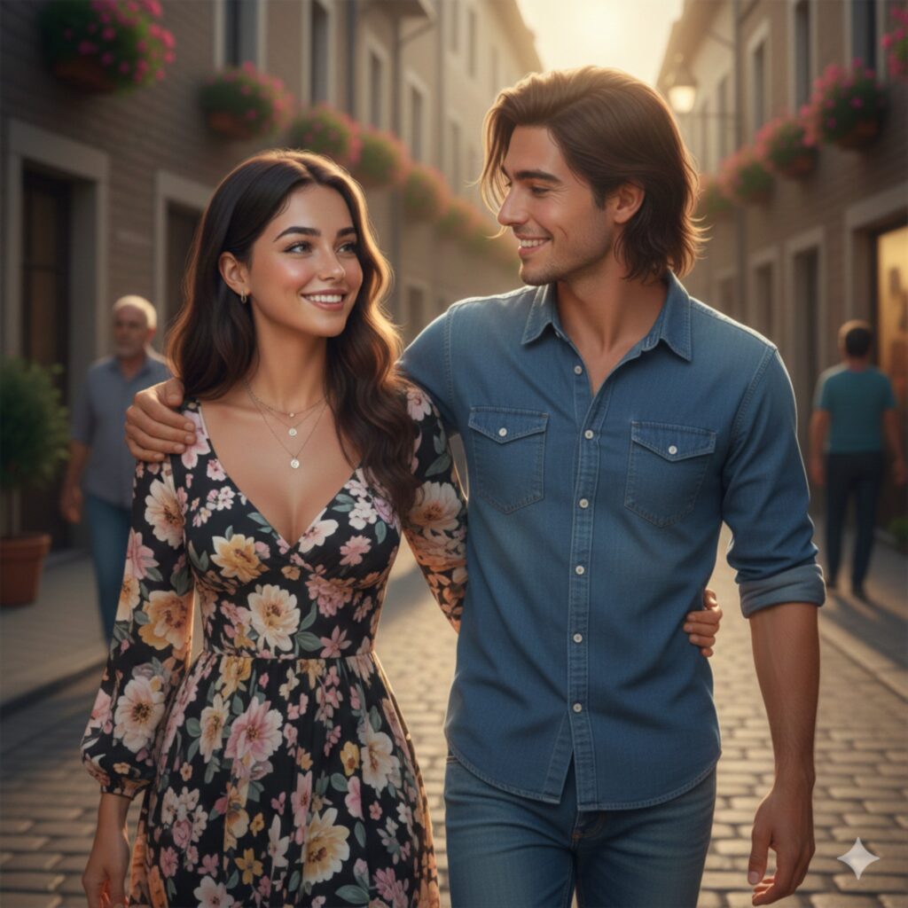Kari and Rory share a quiet kiss while walking through a sunlit street, capturing an enemies to lovers romance moment filled with emotional tension and slow burn love.