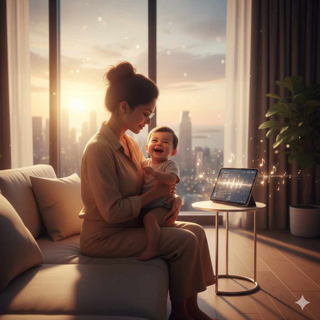A mother holding her smiling baby in a quiet apartment as soft music plays from a tablet, symbolizing The Playlist Principle, a second chance workplace romance where technology, memory, and responsibility shape a mature love story.