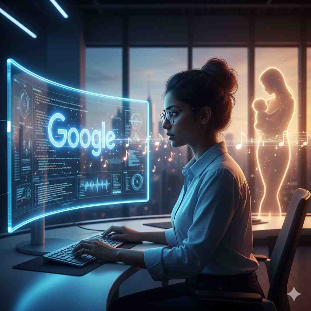 Shirley working late in a modern tech office, focused on data and algorithms, as a glowing silhouette of a mother and child appears behind her, symbolizing The Playlist Principle, a second chance workplace romance blending tech romance with a mature love story.