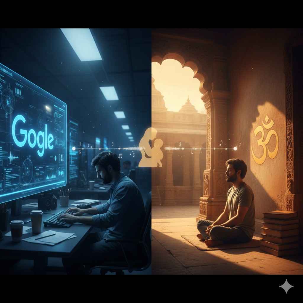 A man working late at Google on one side of the image, surrounded by data and screens, while the other side shows him meditating in an ancient Indian temple, symbolizing The Playlist Principle, a second chance workplace romance where technology, memory, and inner awakening collide