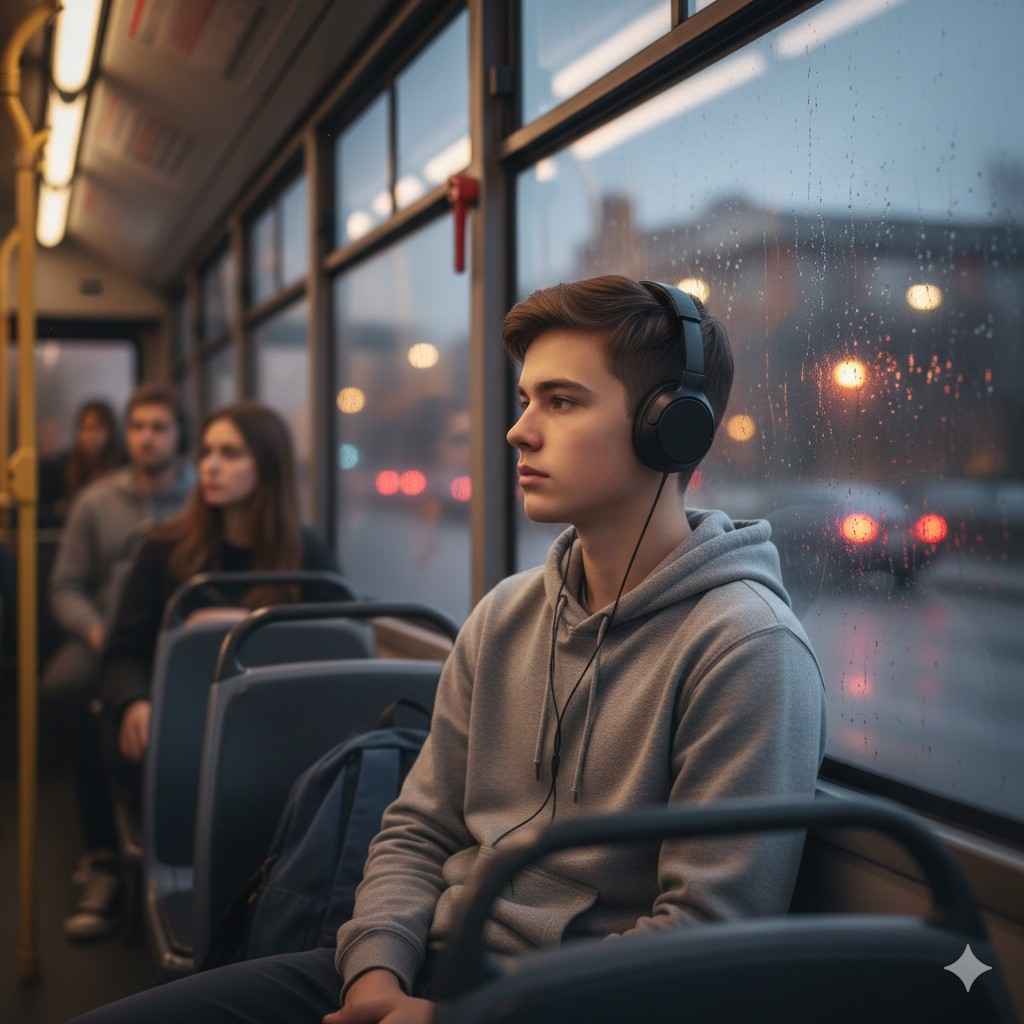 Silent First Love portrayed through a teenage boy wearing headphones on a city bus, showing unspoken love, emotional innocence, and modern youth solitude