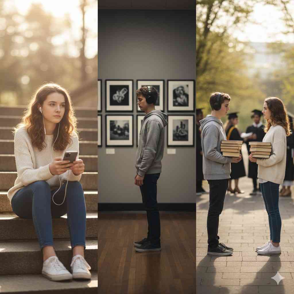 Two 17-year-old students experiencing silent first love, shown through quiet moments of distance, thought, and unspoken emotion in a realistic cinematic scene