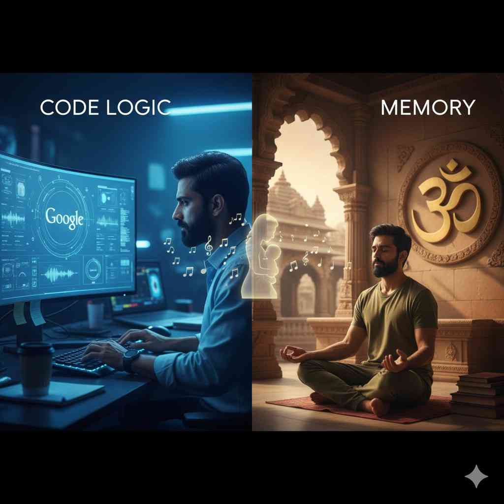 A man split between two worlds: on one side, coding at a Google-style workstation under the label “Code Logic,” and on the other, meditating in an ancient temple marked “Memory,” symbolizing The Playlist Principle, a second chance workplace romance where logic, past love, and emotional memory collide.