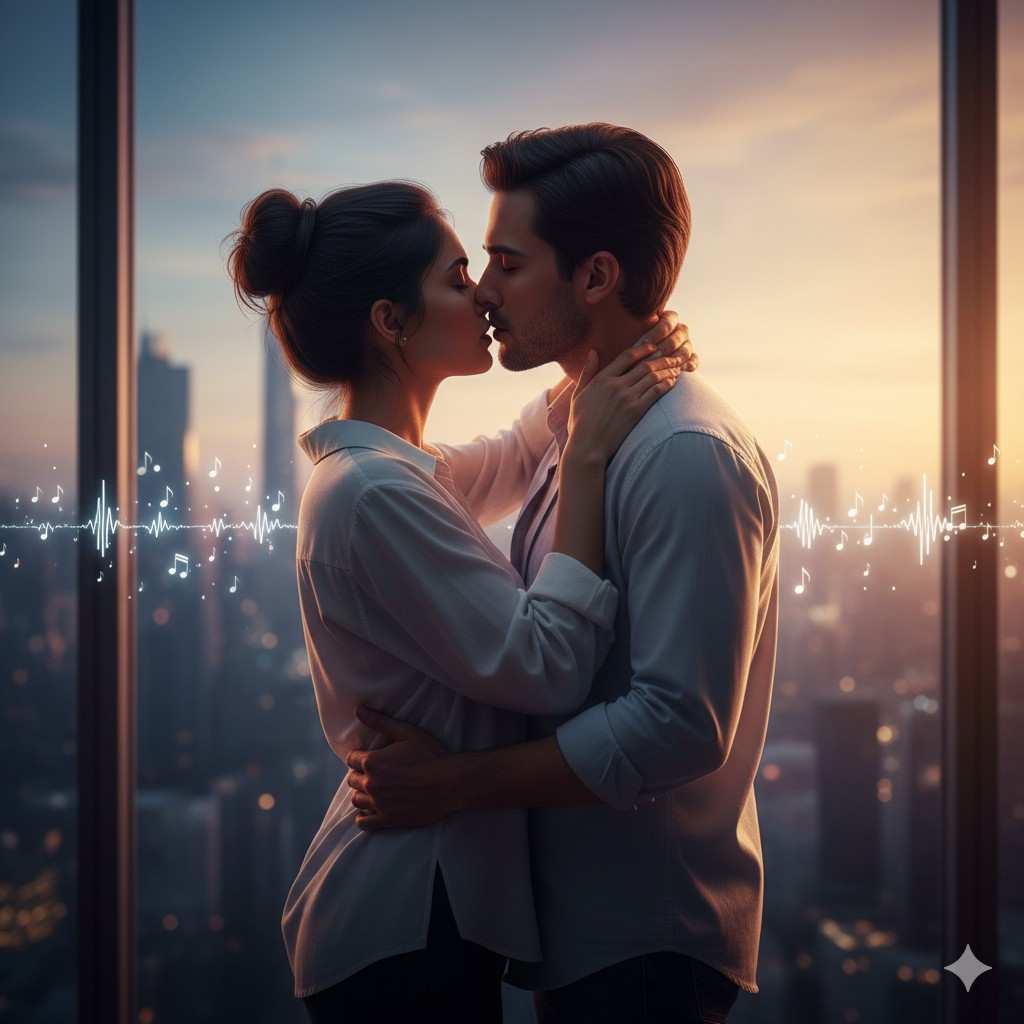 A man and woman sharing an intimate kiss by a city window at dusk, surrounded by soft musical waveforms, symbolizing The Playlist Principle, a second chance workplace romance where unresolved feelings, memory, and emotional timing finally align.