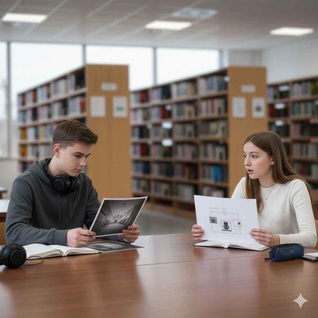 Silent First Love shown through a teenage boy and girl sitting across a library table, studying quietly with unspoken emotions and gentle emotional connection